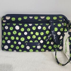 Vera Bradley Retired Navy Blue Green White Lucky Dots Front Zip Wristlet NWT